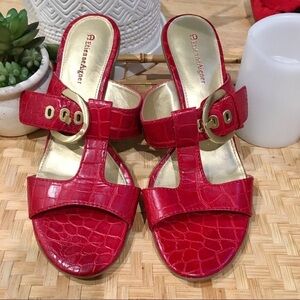 Red leather crocodile embossed slides size 8